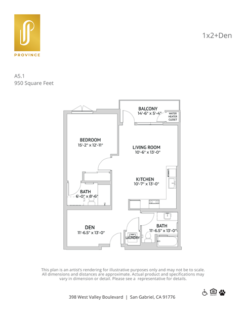 Floor plan for 1 bed, 2 baths, 950 sqft
